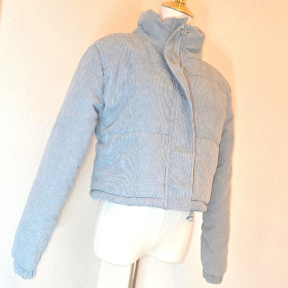 Sky Blue Corduroy Cropped Puffer Jacket Women's Size L - Picture 9 of 15